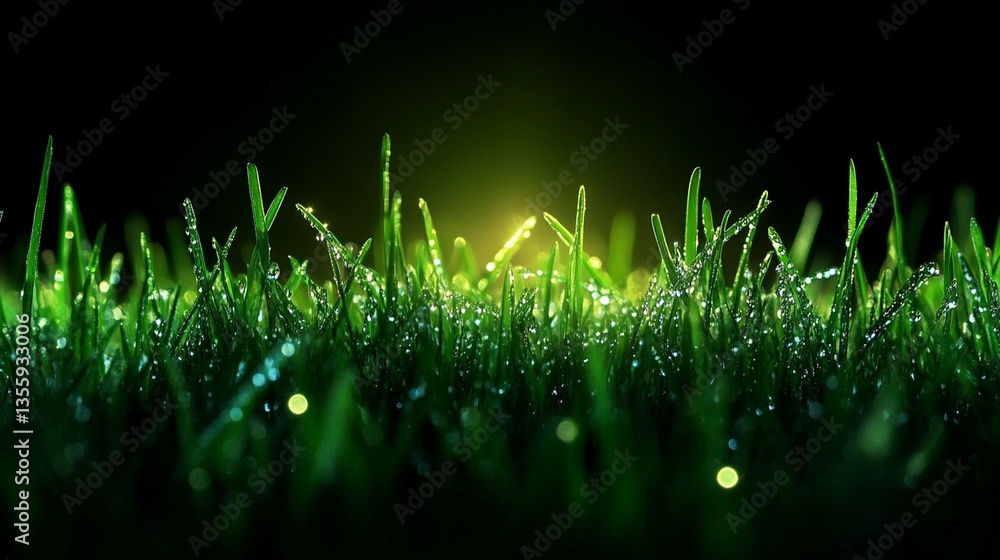 Poster dew-covered grass illuminated by a warm light source in the dark.