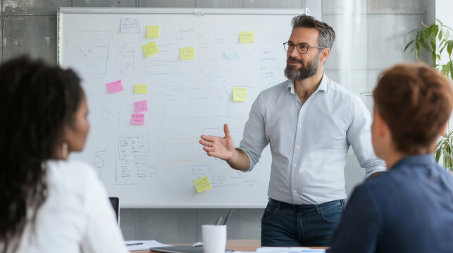 Unveiling the Vision: A leader articulates a plan during a brainstorming session, his team engaged in collaborative planning around a whiteboard.