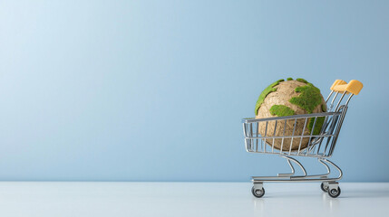 Earth in Shopping Cart: A thought-provoking image presenting a miniature globe of earth placed inside a shopping cart against a pale blue background.