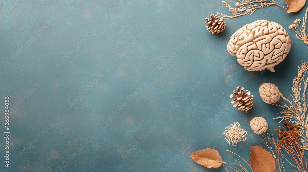 Poster brain anatomy with texture: this image is featuring a brain anatomy model arranged amongst natural t