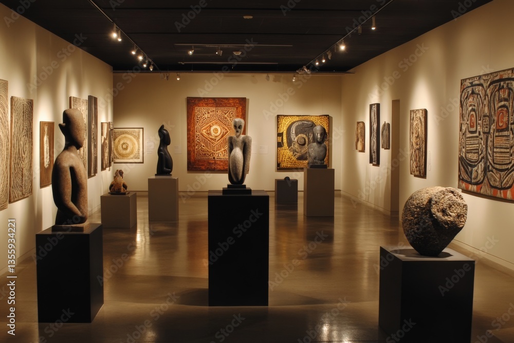 Poster a gallery with a collection of sculptures displayed under soft lighting,