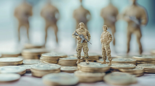 The Cost of Conflict: Miniature soldiers stand atop piles of coins, symbolizing the financial implications of warfare and military spending.