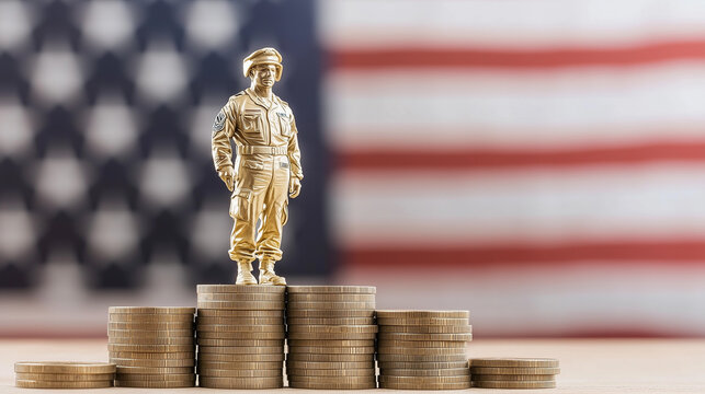 Financial Patriotism: A gold soldier figurine stands triumphantly atop a tiered stack of coins, a symbol of national pride and financial strength, set against a softly blurred flag.