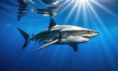 Obraz premium Great white shark swimming underwater with sunbeams in ocean