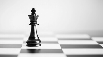 Strategic Monarch: A striking monochrome image of a black king chess piece standing prominently on a checkered chessboard, symbolizing strategy, power, and decision-making.