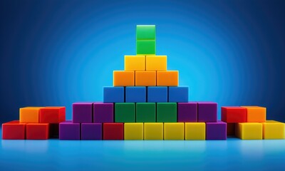Obraz premium Colorful geometric blocks pyramid on gradient blue background