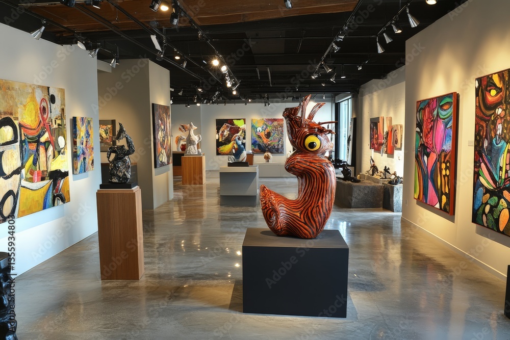Poster a gallery with a mix of sculptures and paintings, creating a dynamic display,