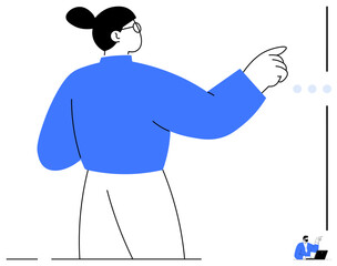 Female figure in blue sweater gesturing forward, tiny scene of teamwork at desk Ideal for leadership, motivation, teamwork, progress, strategy, decision-making, career development flat simple