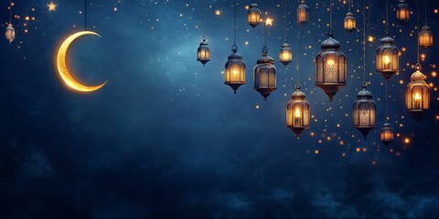 Fototapeta premium Crescent moon and hanging illuminated lanterns in dark blue sky