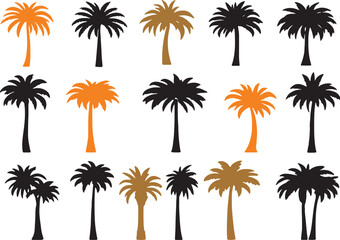 Fototapeta premium Palm Tree Silhouettes Vector: Tropical Beach Trees Graphics, Black, Gold, Orange, Summer Vacation Design Elements, Isolated Clip Art Set