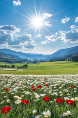 Fototapeta premium Bright sun over vibrant field of flowers and rolling hills
