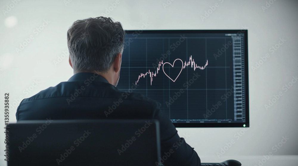 Poster market's love curve: a close-up view of a man looking at a computer monitor, which displays a graph 
