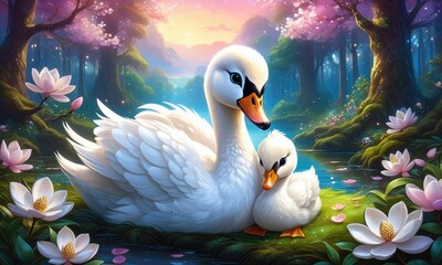 Obraz premium Enchanted swans in magical forest with blooming flowers and mystical glow at sunset
