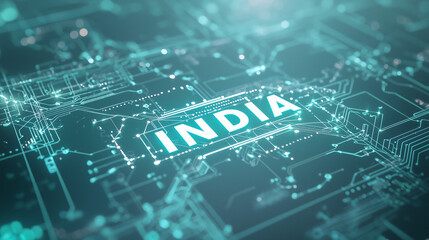 Digital India: A glowing circuit board spells out "INDIA", depicting the nation's technological advancement in this futuristic perspective.