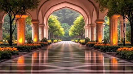 Serene pathway through arched colonnade, lush greenery, reflecting pools
