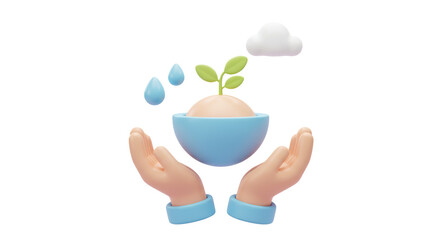 Isolated Hands Holding Plant with Water Droplets and Cloud