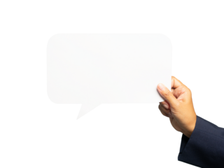 Close-up of a professional hand holding an empty speech bubble.