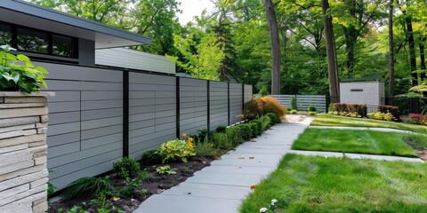 Obraz premium Modern Gray Fence and Landscaping Design