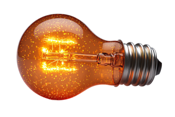 Vintage-style light bulb glowing with warm amber light on an isolated background.