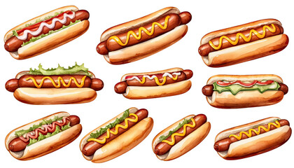 Collection of Delicious Hot Dogs with Various Toppings on Transparent Background