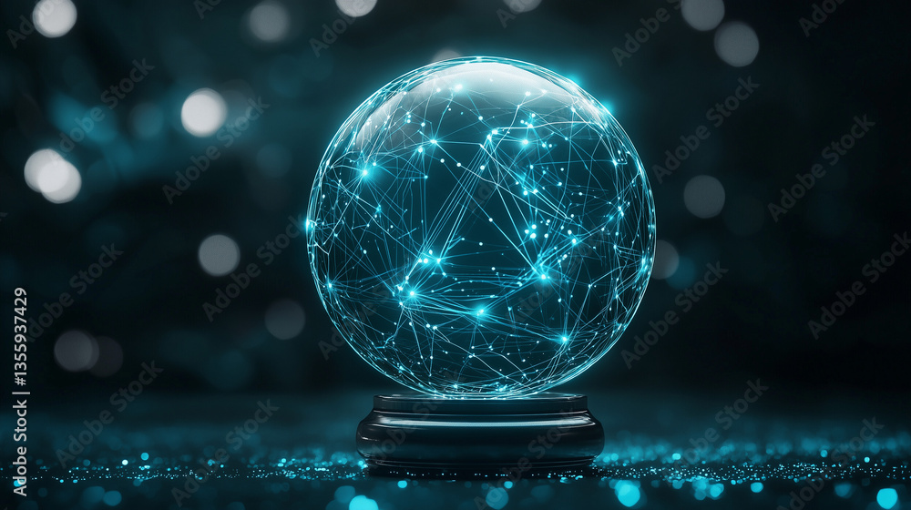 Poster envisioning the future: a glowing crystal ball shimmers with interconnected networks, symbolizing in