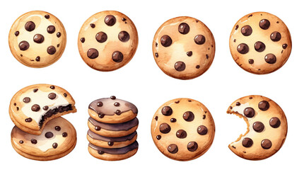 Obraz premium Collection of Watercolor Style Chocolate Chip Cookies on Transparent Background