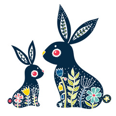 Obraz premium Set silhouette easter rabbit with flowers on a transparent background. Cute vintage illustration. Folk style design.