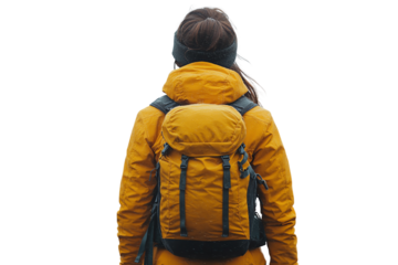 Young woman in a yellow jacket with a backpack, standing against a white background, ready for adventure and outdoor exploration.