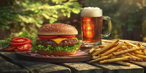 A classic burger and fries served with a frosty mug of beer on a picnic table