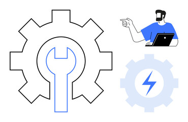 Gear with wrench and gear with lightning bolt, also man with laptop gesturing. Ideal for business strategies, IT solutions, industrial concepts, process improvement, productivity, innovation