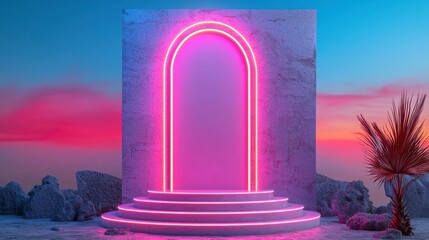 Pink Neon Archway and Steps at Sunset Digital Art