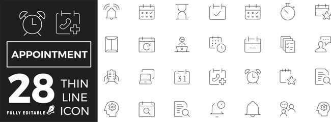 Appointment Icon set of web and mobile in thin line style. Communication Icons & Symbols Containing people, communication, talking, discussion,  document, countdown, event and more