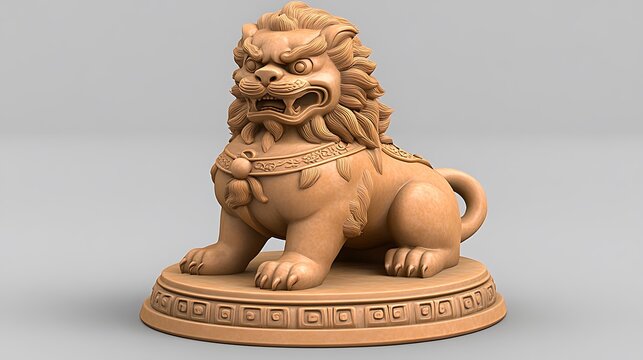 3D render of a fierce, seated foo dog statue.