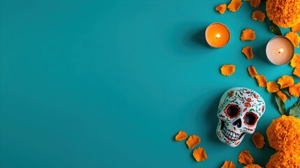 Naklejka premium Colorful Sugar Skull with Marigolds and Candles for Day of the Dead