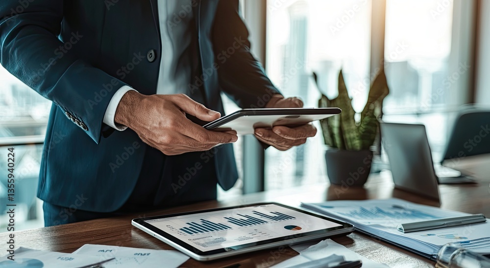 Poster company tactics oversight concepts. businessman using a tablet in a modern office setting with docum