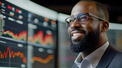 Company Tactics Oversight concepts. Smiling man in glasses with graphs on digital screens displaying data analysis.