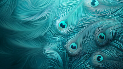 Obraz premium Peacock's Turquoise Majesty: A mesmerizing close-up reveals the intricate beauty of peacock feathers, dyed in a vibrant turquoise, showcasing the iridescence and textured details.