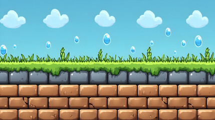 Pixelated Game Background with Grassy Wall and Clouds