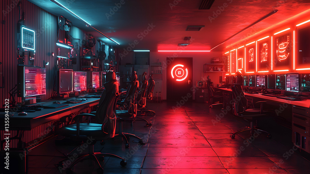 Poster a cyberpunk-themed server room illuminated by red and blue lights. ideal for concept art design or g