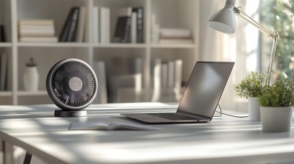 Home office workspace with a fan and laptop