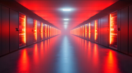 A data center hallway bathed in red light a futuristic environment. Ideal for technology or sci-fi projects. Perfect for websites or promotional materials related to servers and networks.
