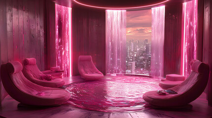 A futuristic pink room with a circular seating area a city view and water features looks luxurious. Apply this to a modern relaxation area.
