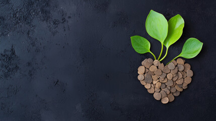 Naklejka premium Love for nature: A symbol of growth and environmental commitment, a young plant emerges from a heart-shaped arrangement of stones, set against a textured, dark background.