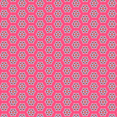 Simple colorful geometric mosaic flowers, snowflakes on pink background Abstract floral pattern for fabric prints, textile design, gift wrapping, small crafts