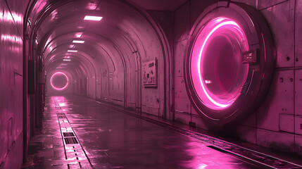 Futuristic corridor with pink neon lighting and circular portals suggests sci-fi environment. Perfect for game backgrounds and virtual worlds design applications.