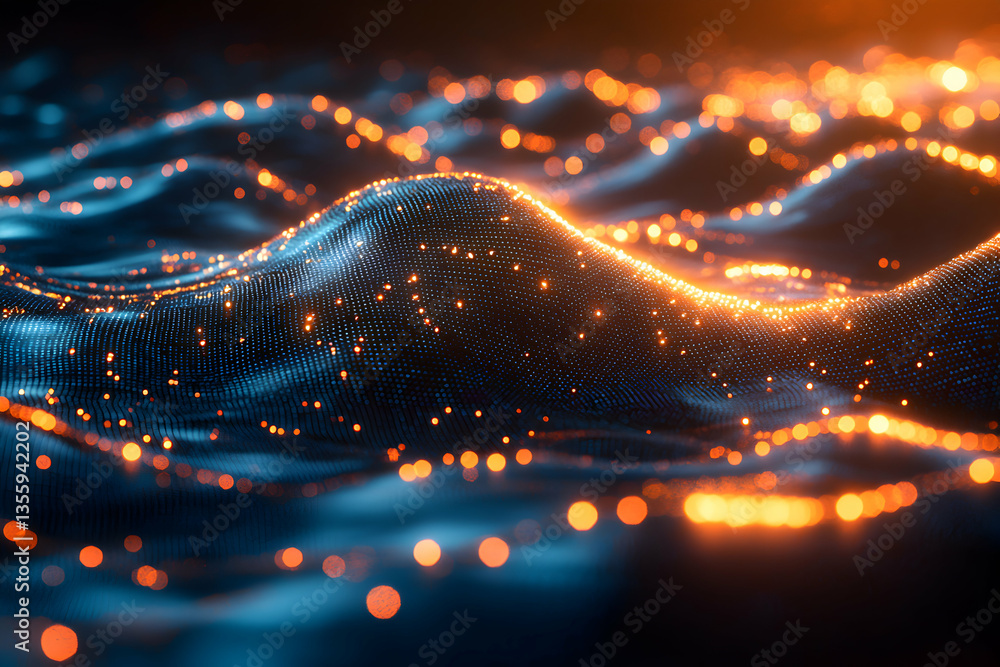 Poster abstract digital art depicting flowing data streams with glowing orange and blue particles. great fo