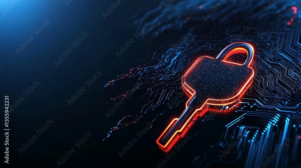 Aufkleber glowing digital key and padlock on a circuit board, symbolizing cybersecurity and data protection.