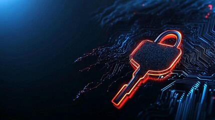 Glowing digital key and padlock on a circuit board, symbolizing cybersecurity and data protection.