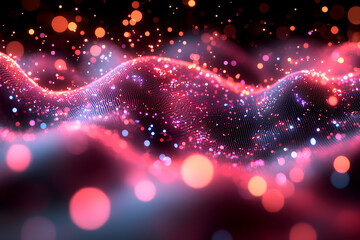 Abstract digital art with flowing wave of illuminated particles. Ideal for tech presentations or dynamic visuals. Evokes futuristic themes and data visualization.