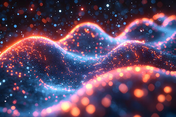 Abstract digital art featuring glowing particles forming wave-like patterns. Great for tech websites or futuristic designs. Captivating and dynamic visual appeal.